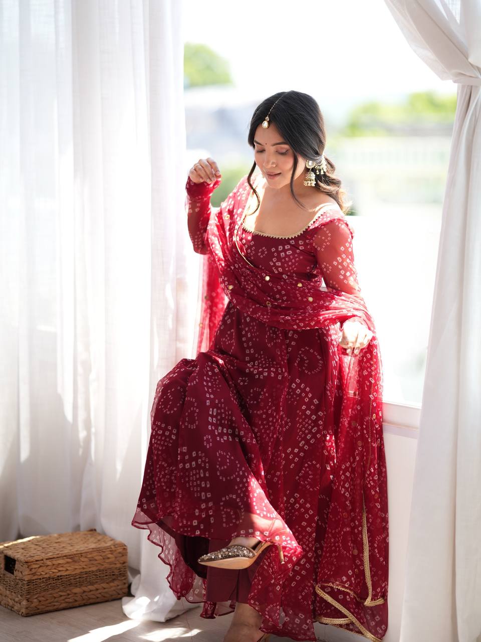 Bandhani Print Anarkali Suit with Mirror Work Dupatta - Maroon - 3