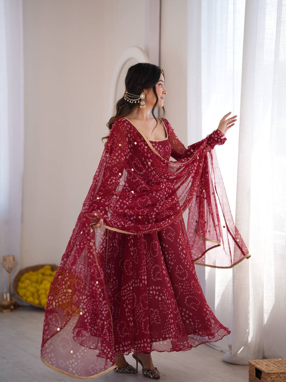 Bandhani Print Anarkali Suit with Mirror Work Dupatta - Maroon - 4