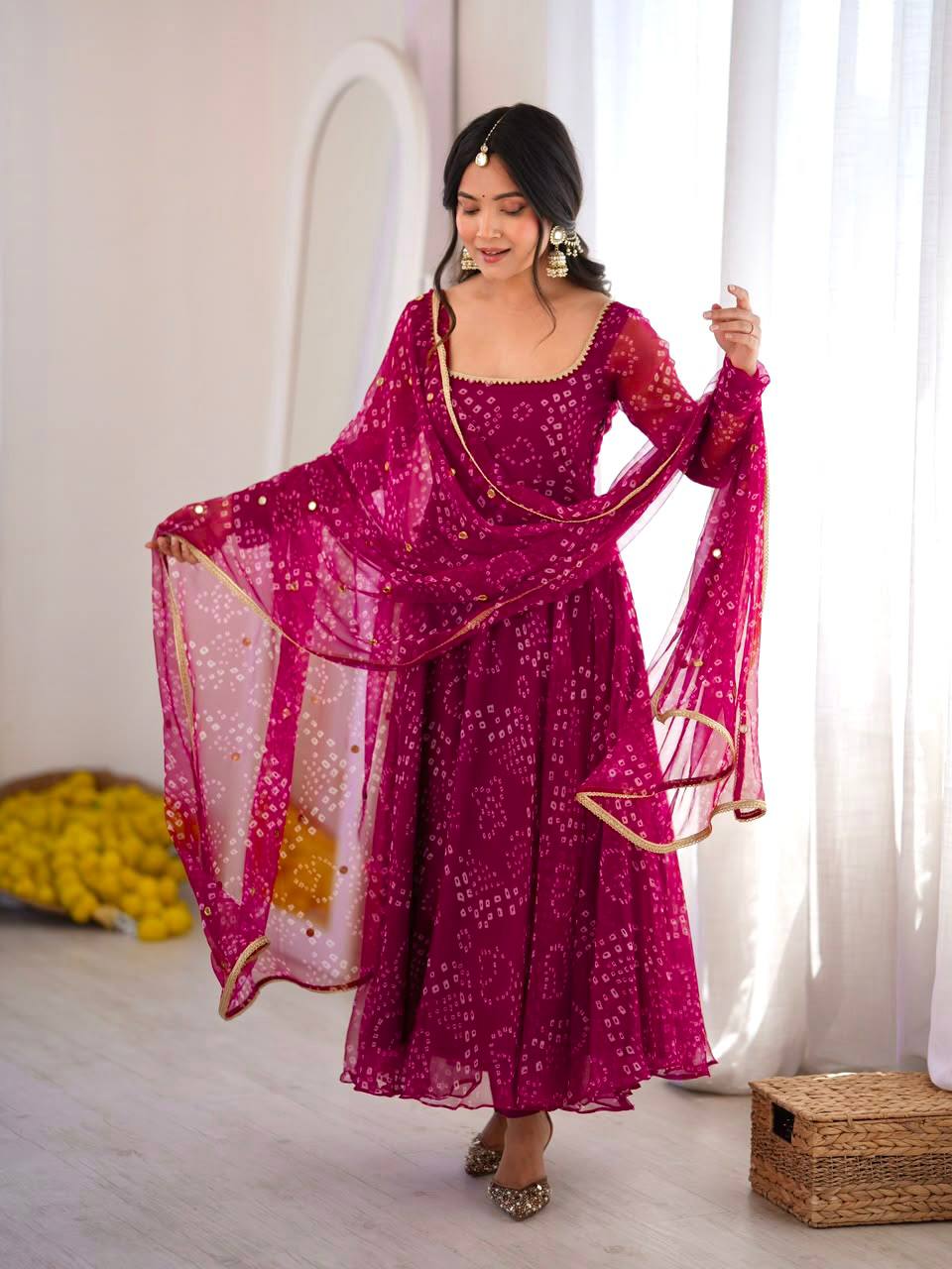Bandhani Print Anarkali Suit with Mirror Work Dupatta - Rani Pink - 1