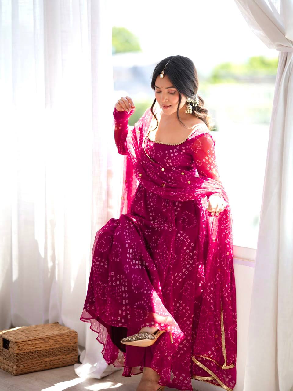 Bandhani Print Anarkali Suit with Mirror Work Dupatta - Rani Pink - 2