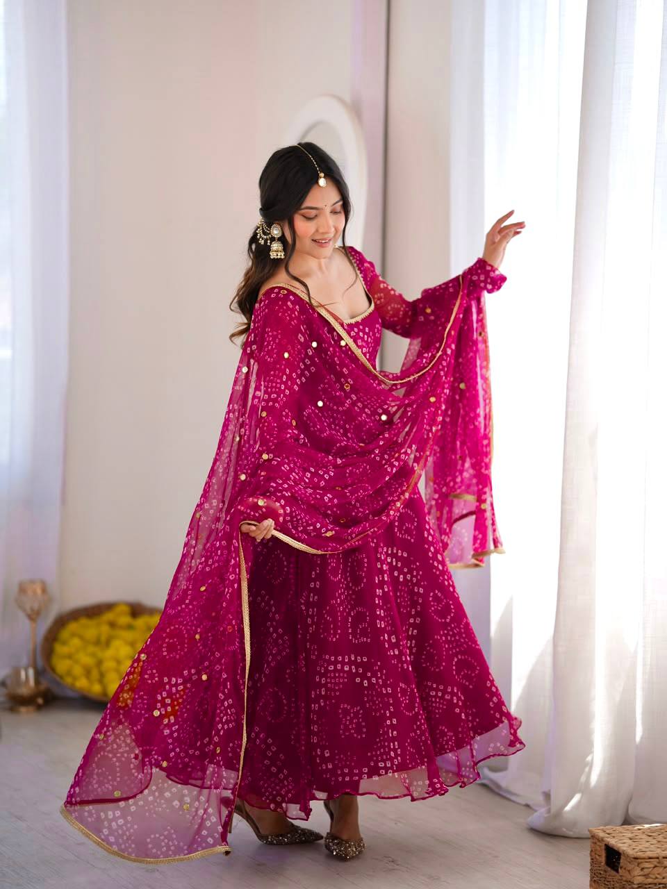 Bandhani Print Anarkali Suit with Mirror Work Dupatta - Rani Pink - 3