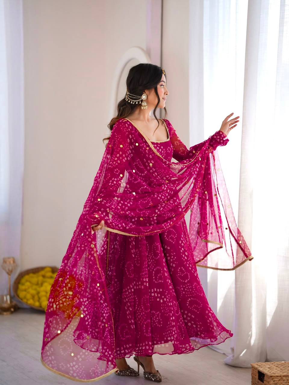 Bandhani Print Anarkali Suit with Mirror Work Dupatta - Rani Pink - 4
