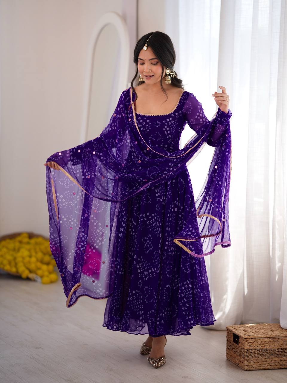 Bandhani Print Anarkali Suit with Mirror Work Dupatta - Purple - 1