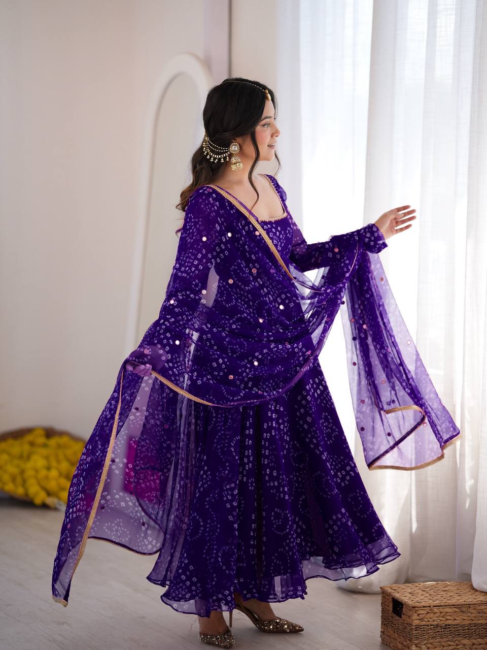 Bandhani Print Anarkali Suit with Mirror Work Dupatta - Purple - 2