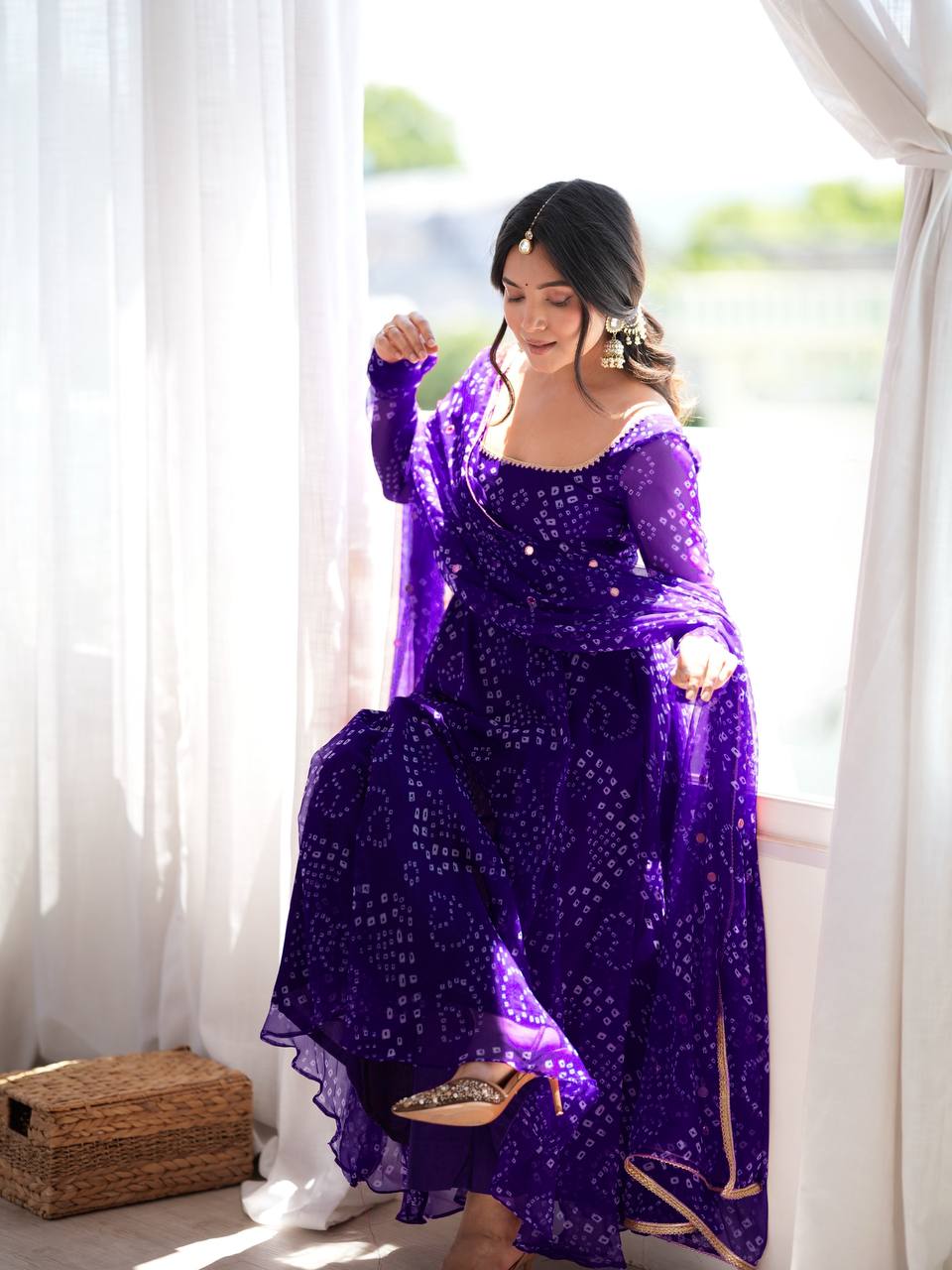 Bandhani Print Anarkali Suit with Mirror Work Dupatta - Purple - 3