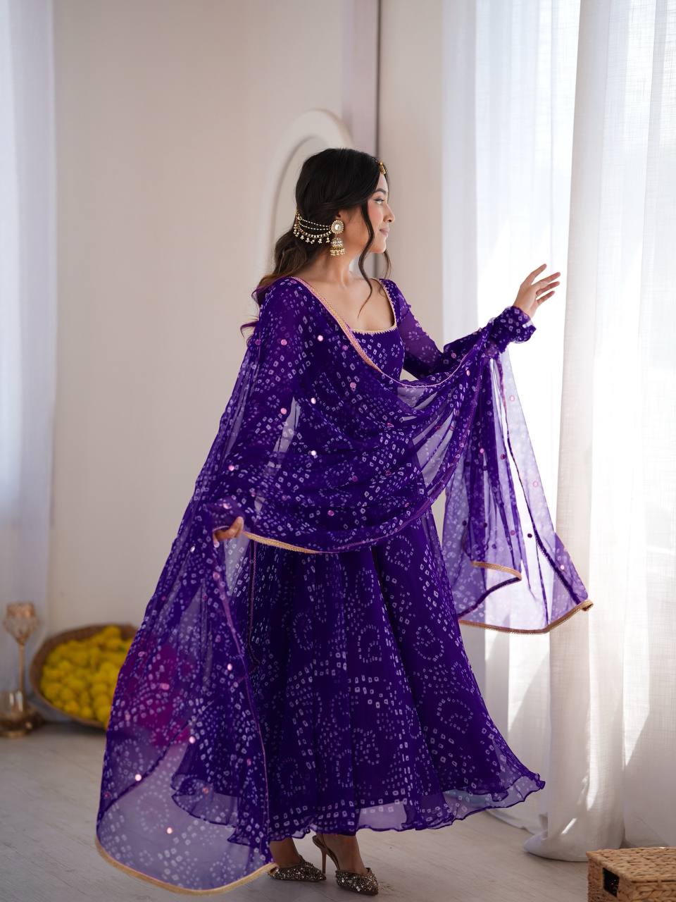 Bandhani Print Anarkali Suit with Mirror Work Dupatta - Purple - 4