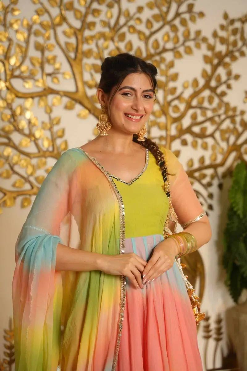 Multicolor Ombre Digital Print Anarkali Suit with Dupatta - 2
