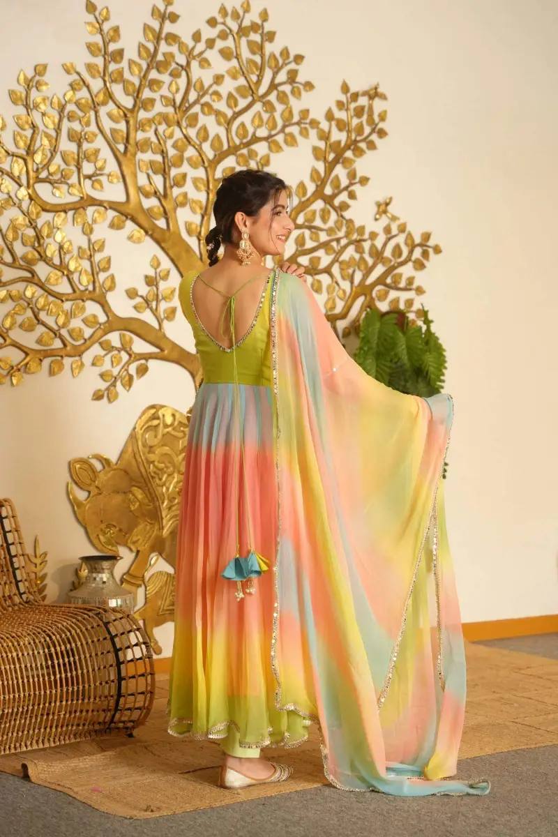 Multicolor Ombre Digital Print Anarkali Suit with Dupatta - 3