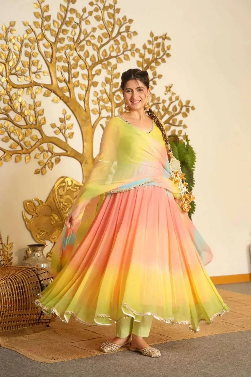 Multicolor Ombre Digital Print Anarkali Suit with Dupatta - 4