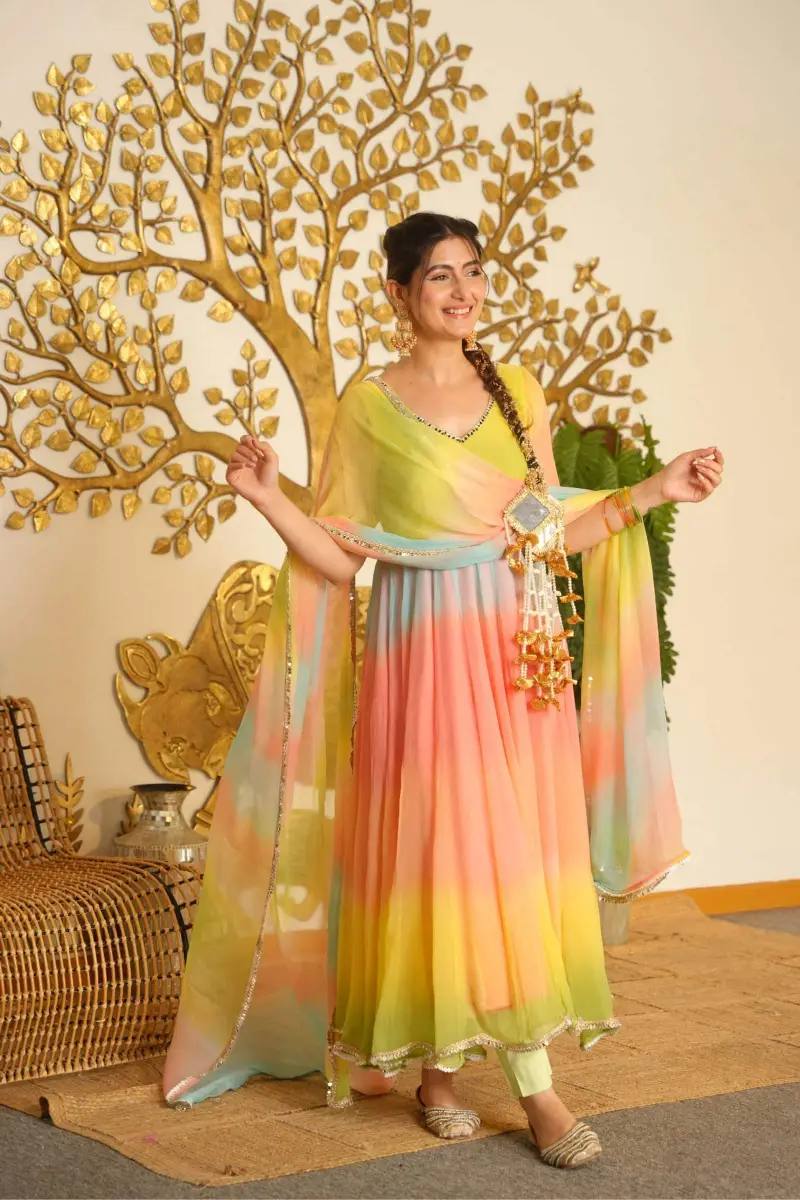 Multicolor Ombre Digital Print Anarkali Suit with Dupatta - 5