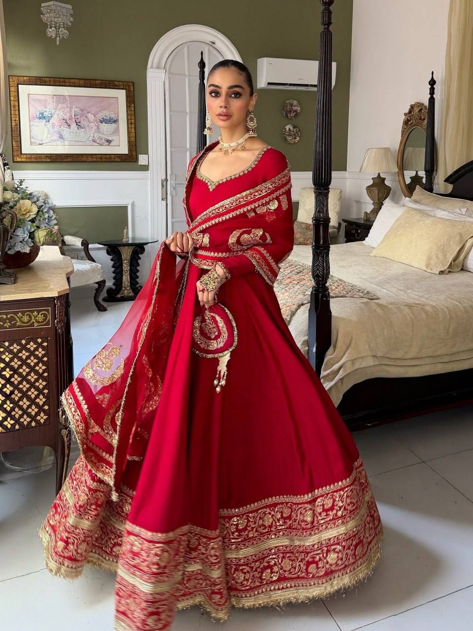 Red Zari Embroidered Bridal Anarkali Suit with Dupatta - 2