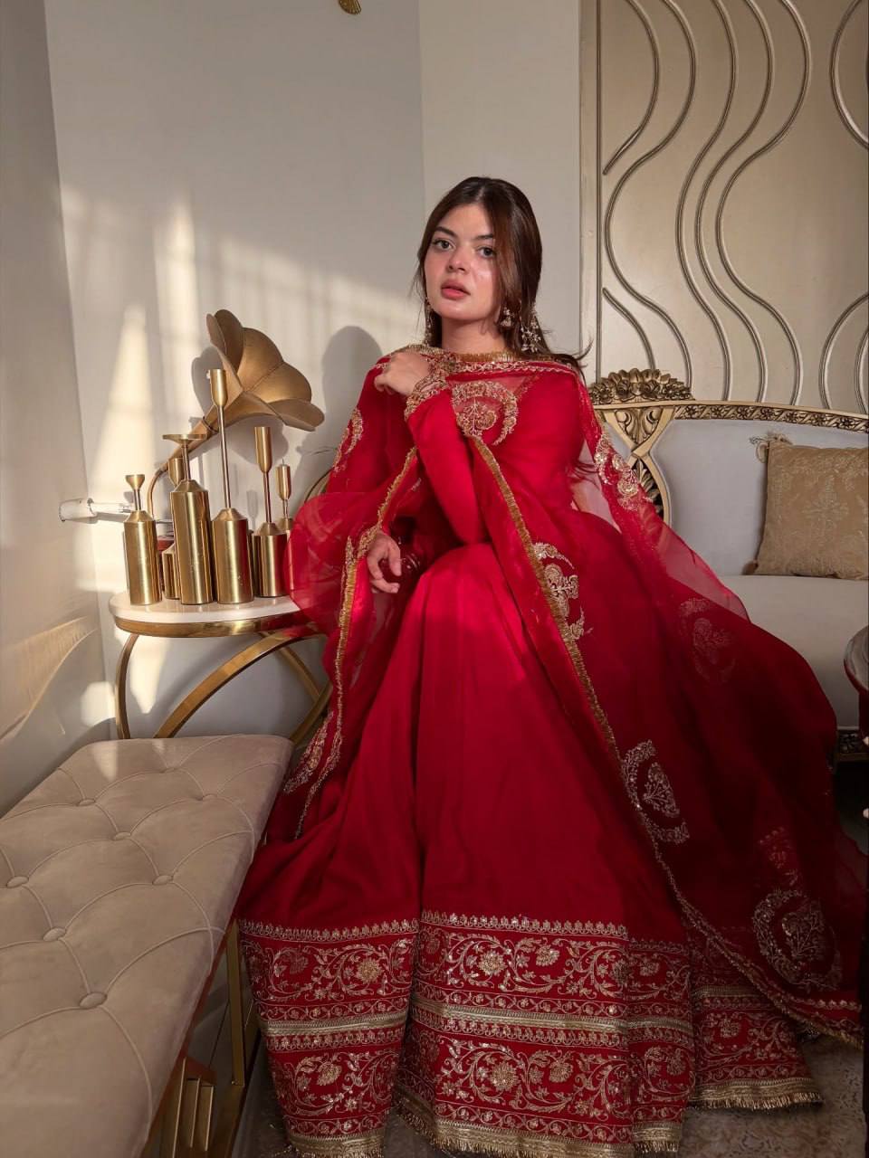 Red Zari Embroidered Bridal Anarkali Suit with Dupatta - 3