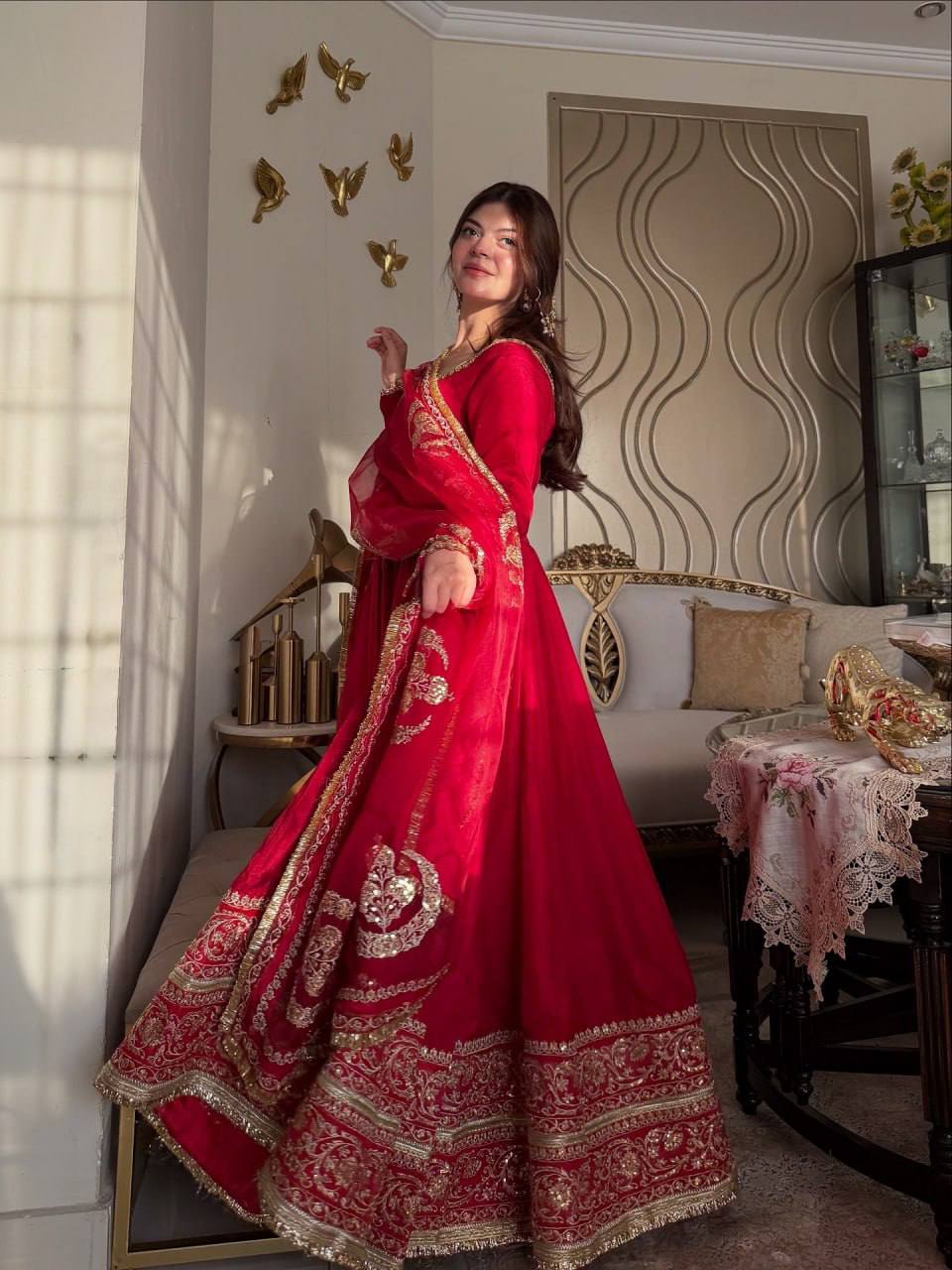 Red Zari Embroidered Bridal Anarkali Suit with Dupatta - 4