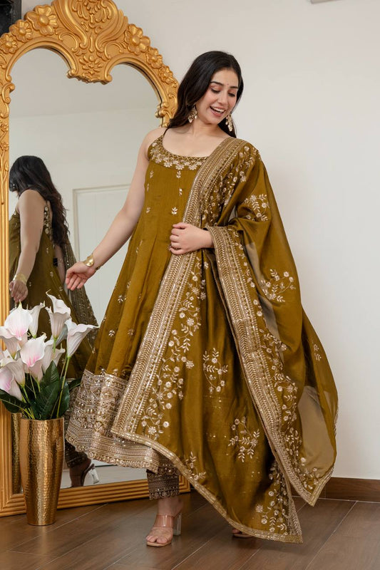 Olive Green Embroidered Anarkali Set