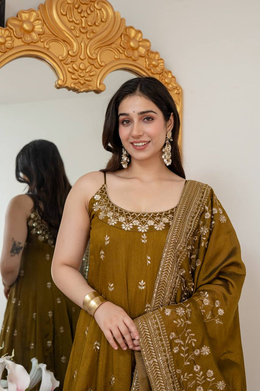 Olive Green Embroidered Anarkali Set