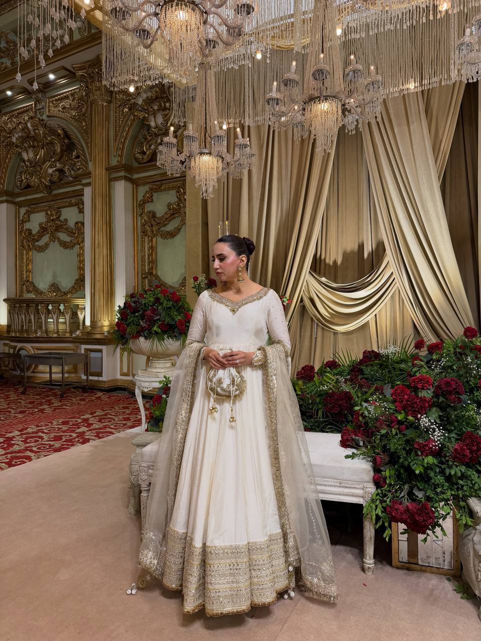 Ivory Embroidered Anarkali Gown with Organza Dupatta - 1