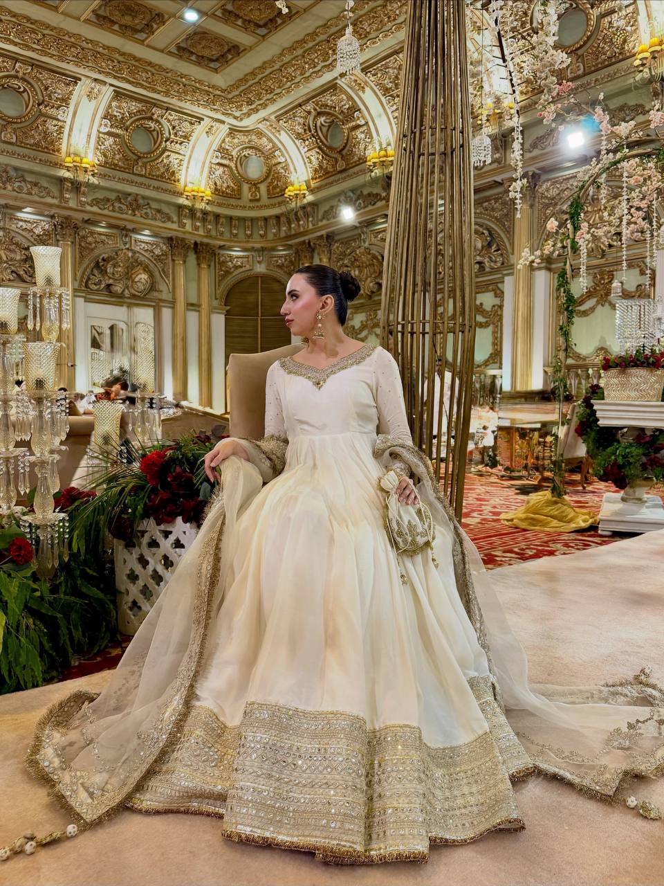 Ivory Embroidered Anarkali Gown with Organza Dupatta - 2
