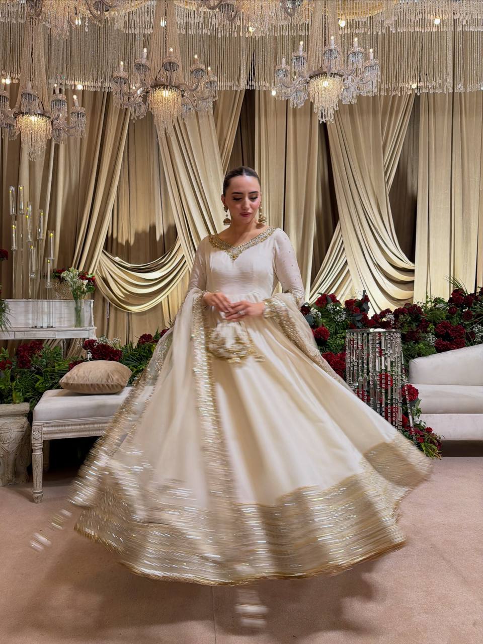 Ivory Embroidered Anarkali Gown with Organza Dupatta - 4