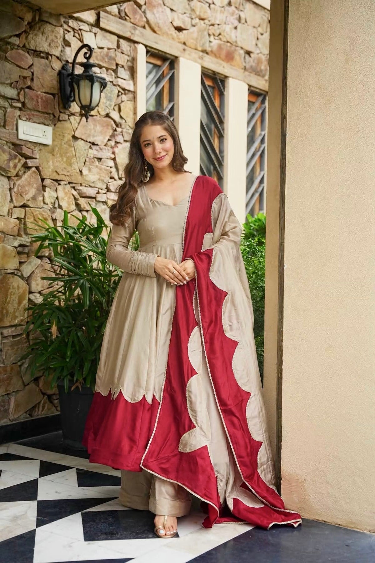 Beige & Maroon Roman Silk Anarkali Suit Set