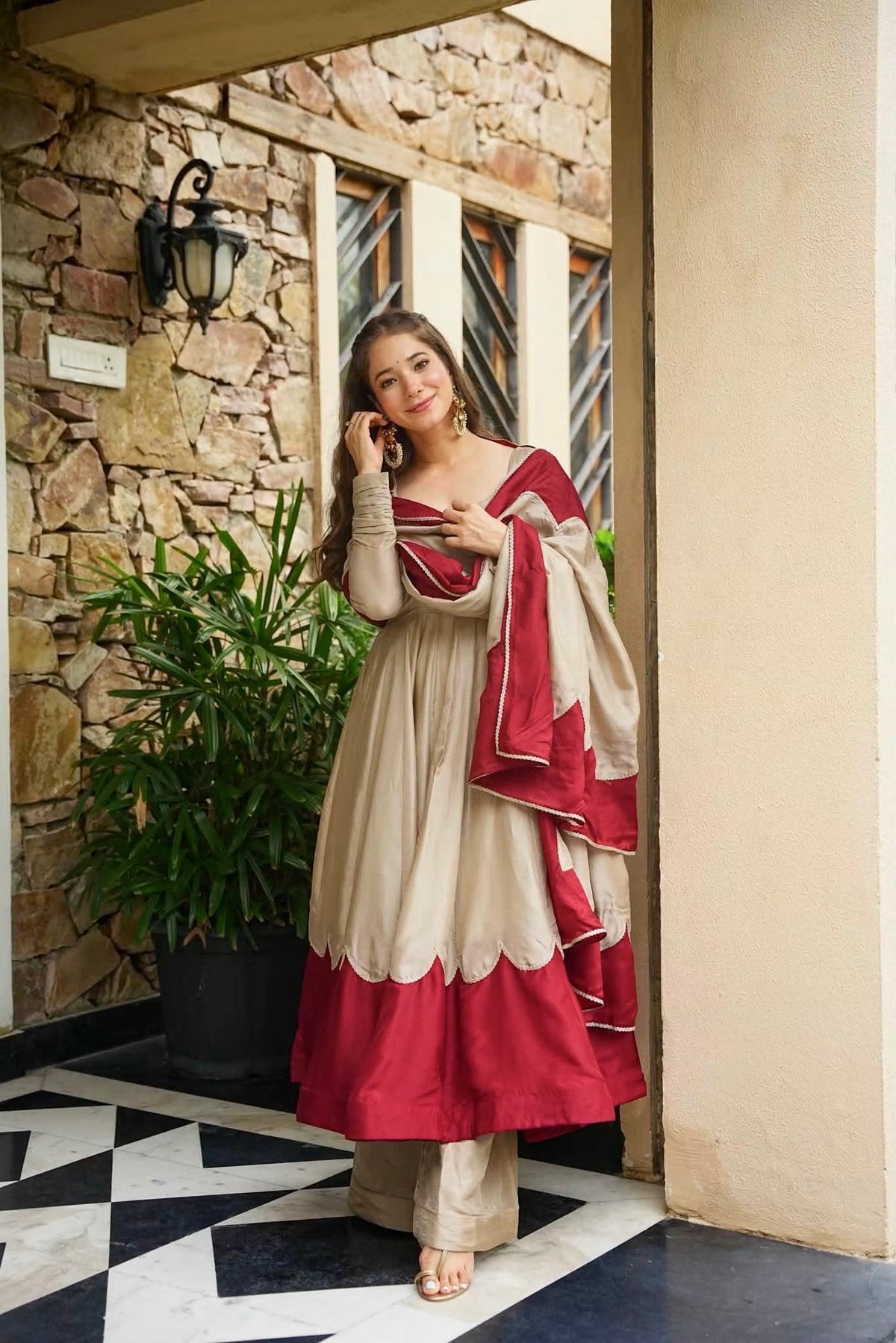 Beige & Maroon Roman Silk Anarkali Suit Set