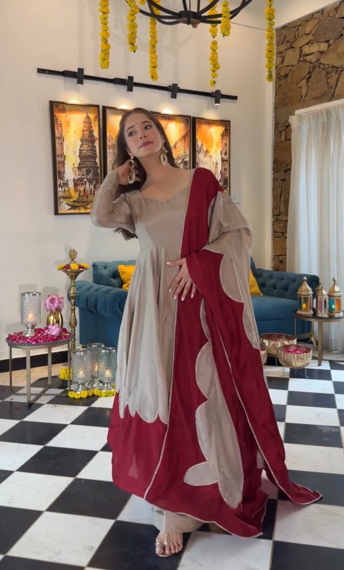 Beige & Maroon Roman Silk Anarkali Suit Set