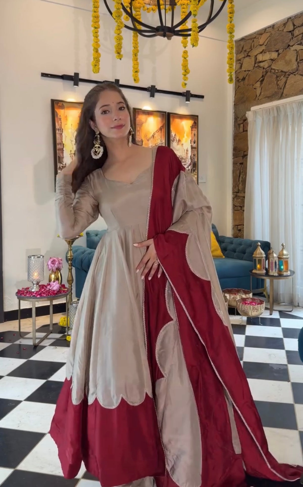 Beige & Maroon Roman Silk Anarkali Suit Set