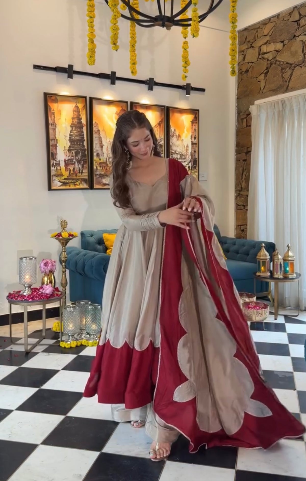 Beige & Maroon Roman Silk Anarkali Suit Set
