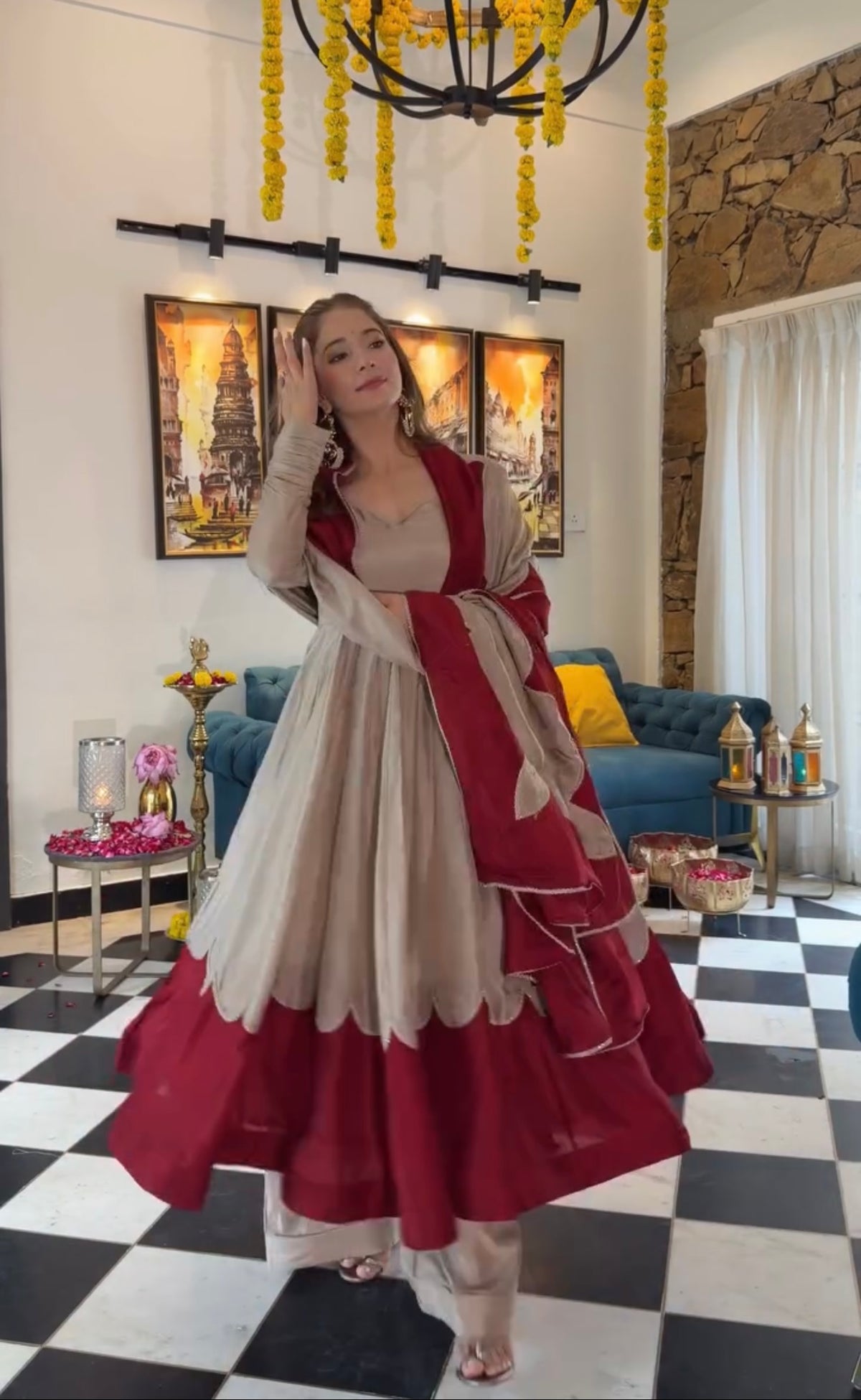 Beige & Maroon Roman Silk Anarkali Suit Set
