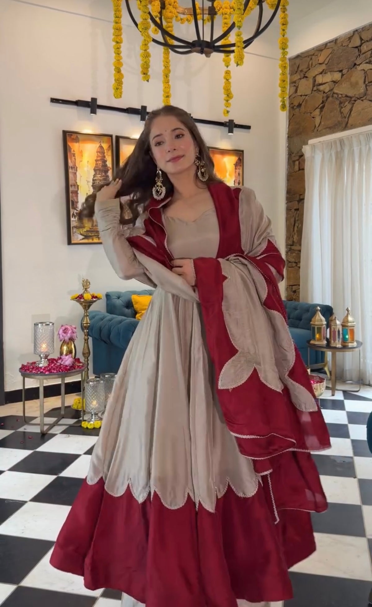 Beige & Maroon Roman Silk Anarkali Suit Set