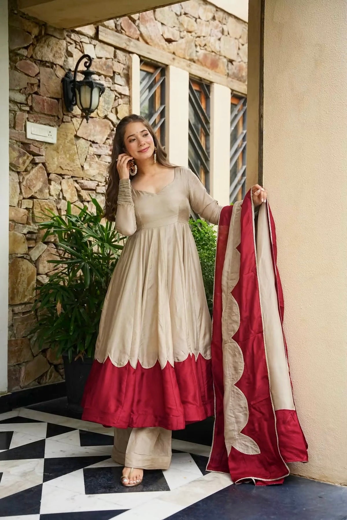Beige & Maroon Roman Silk Anarkali Suit Set