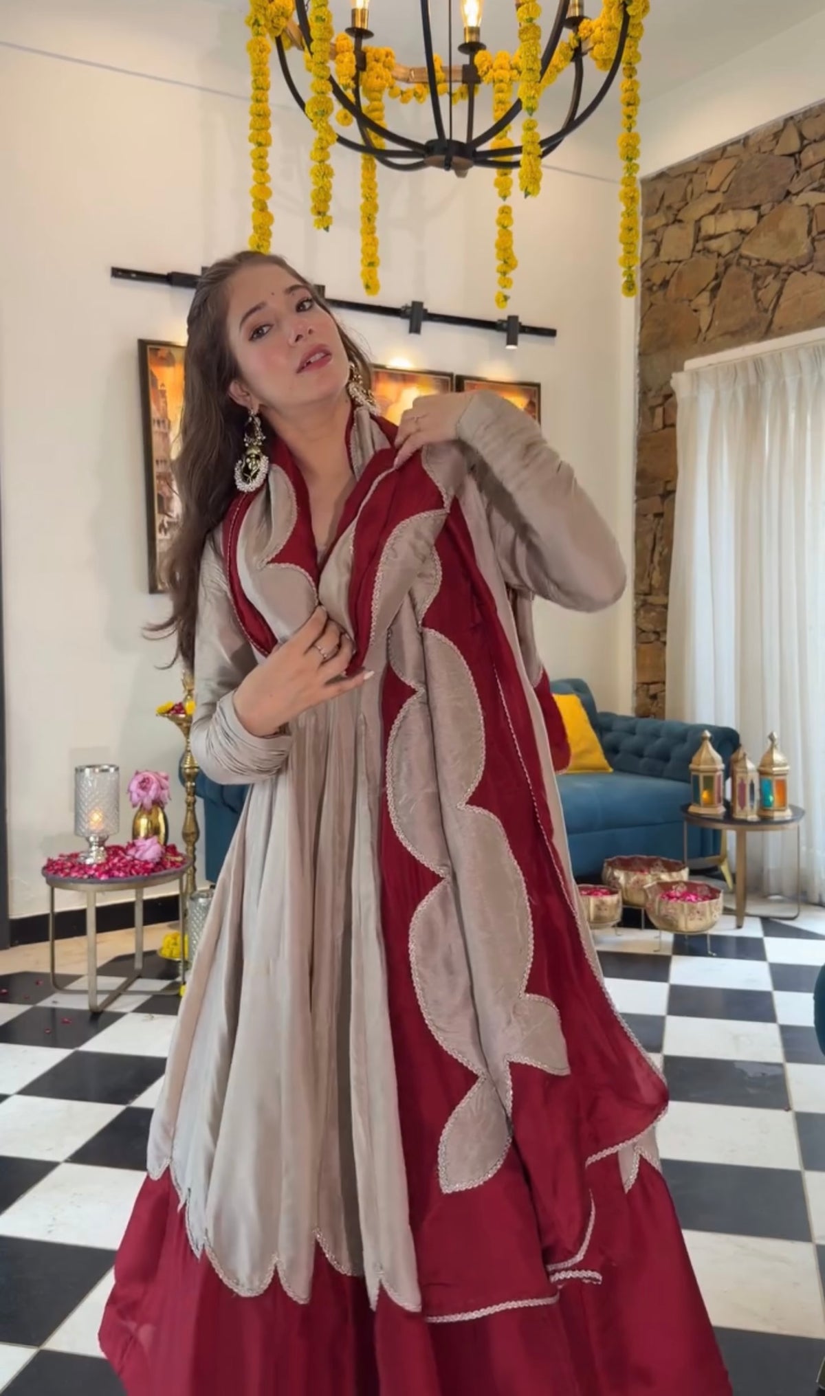 Beige & Maroon Roman Silk Anarkali Suit Set