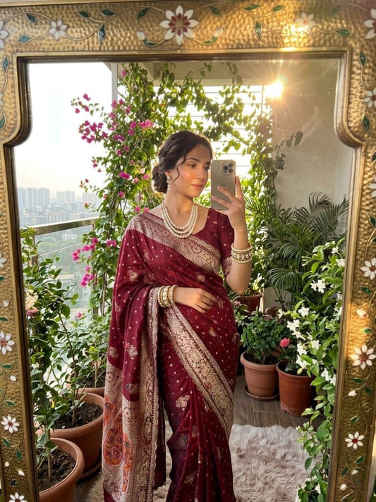 Gulmohar Wine Dola Silk Saree