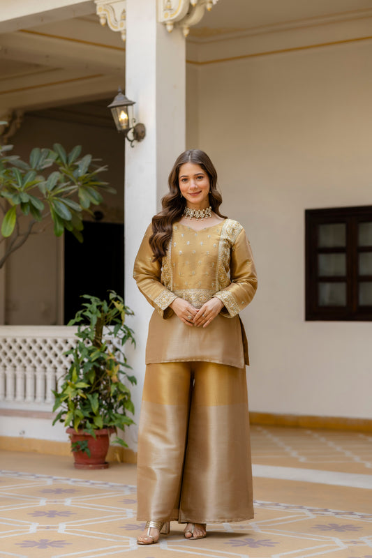 Metallic Gold Chanderi Silk Kurti Palazzo Set with Zari Embroidery