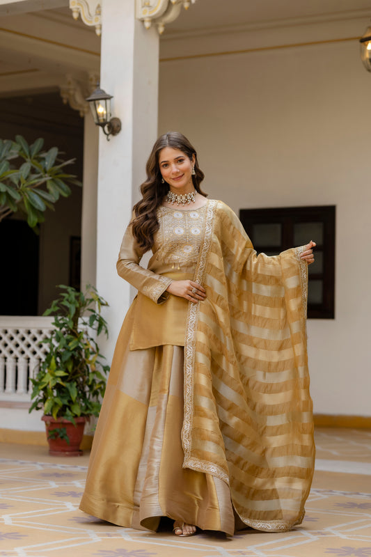 Metallic Gold Chanderi Silk Kurti Lehenga Set with Striped Dupatta