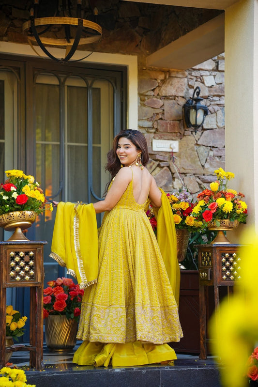 Mustard Yellow Georgette Embroidered Anarkali Gown & Lehenga Skirt Set