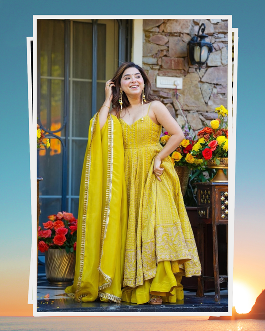 Mustard Yellow Georgette Embroidered Anarkali Gown & Lehenga Skirt Set