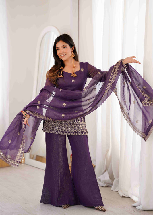 Deep Purple Crunchy Silk Embroidered Sharara Palazzo Suit with Latkan Accents