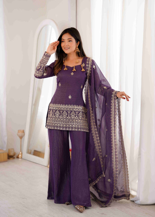 Deep Purple Crunchy Silk Embroidered Sharara Palazzo Suit with Latkan Accents