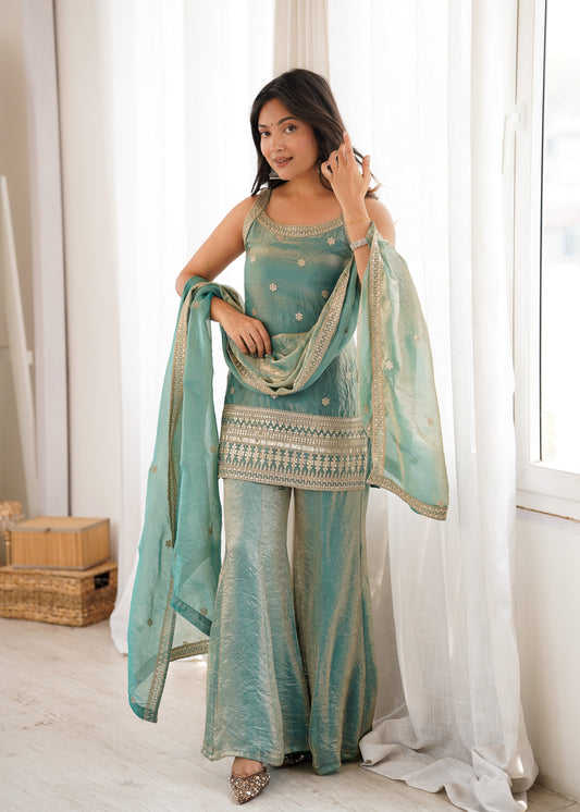 Mauve Tissue Silk Embroidered Kurti Sharara Set with Dupatta