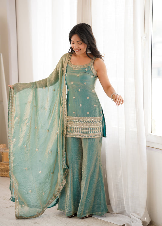 Mauve Tissue Silk Embroidered Kurti Sharara Set with Dupatta