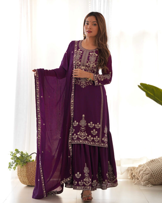 Deep Purple Georgette Embroidered Kurta Sharara Set with Dupatta