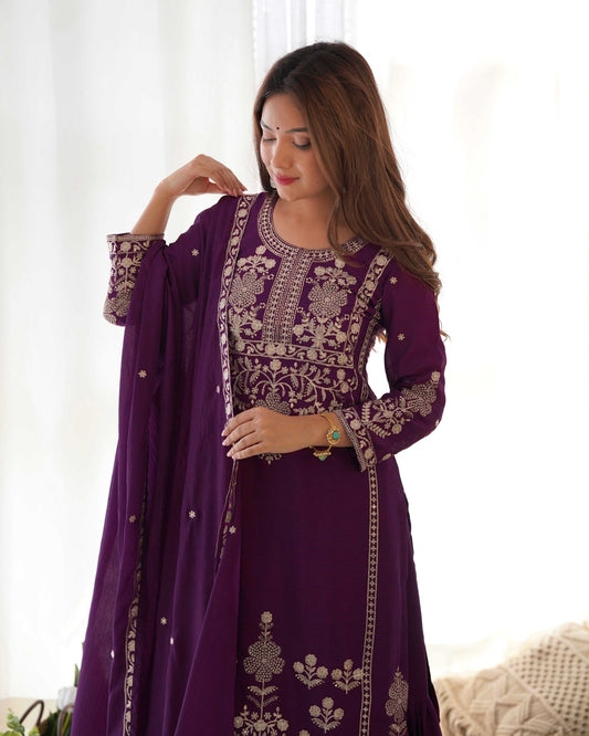 Deep Purple Georgette Embroidered Kurta Sharara Set with Dupatta