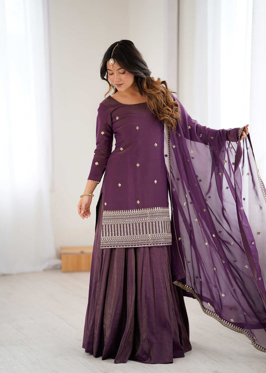 Deep Plum Silk Embroidered Kurta Sharara Set with Dupatta
