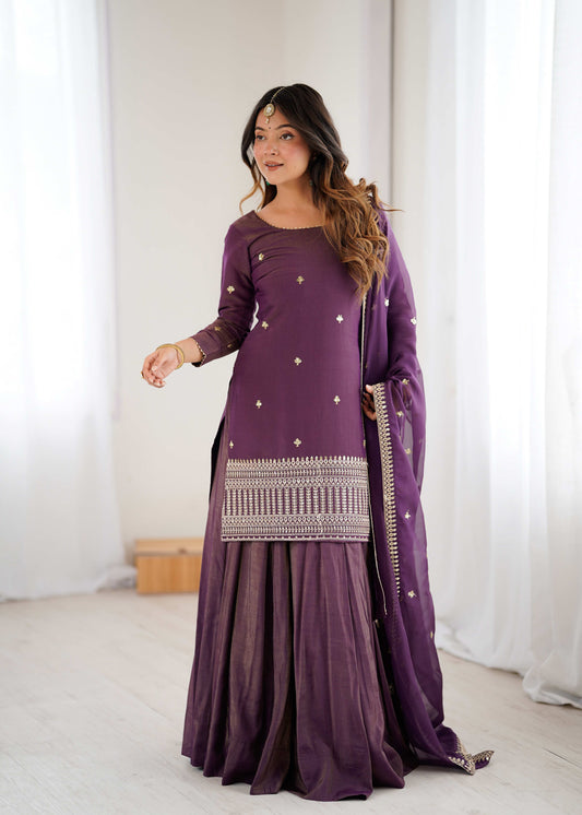 Deep Plum Silk Embroidered Kurta Sharara Set with Dupatta