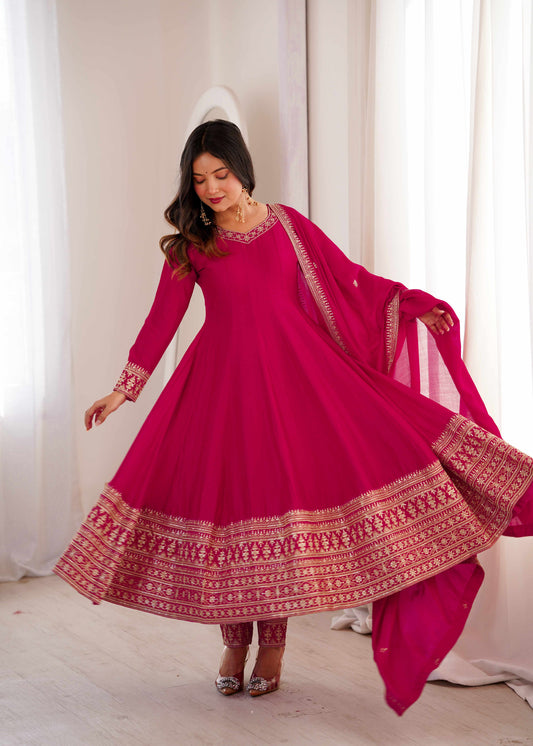 Rani Pink Silk Embroidered Anarkali Suit Set with Dupatta