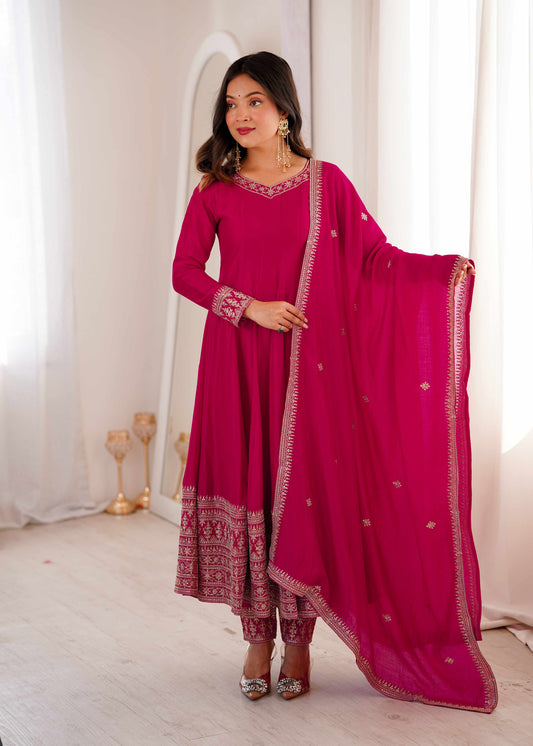 Rani Pink Silk Embroidered Anarkali Suit Set with Dupatta