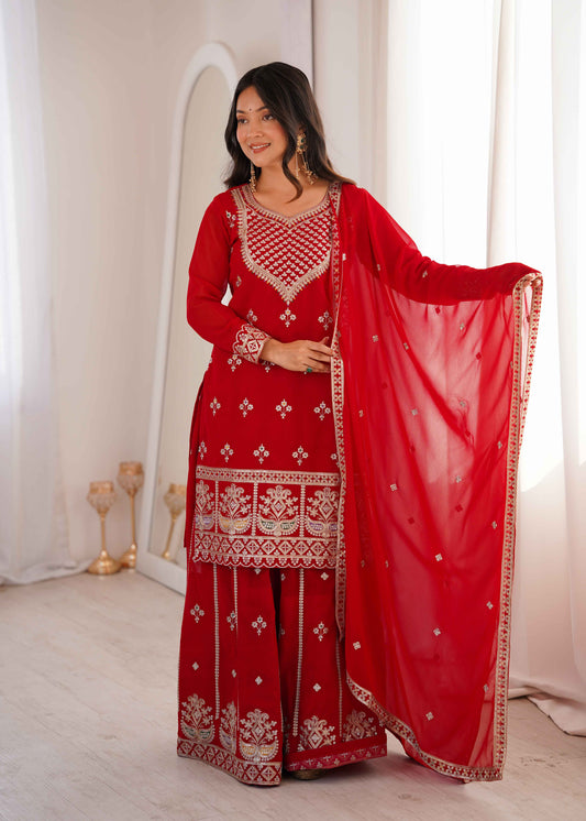 Premium Red Georgette Embroidered Sharara Suit Set with Dupatta