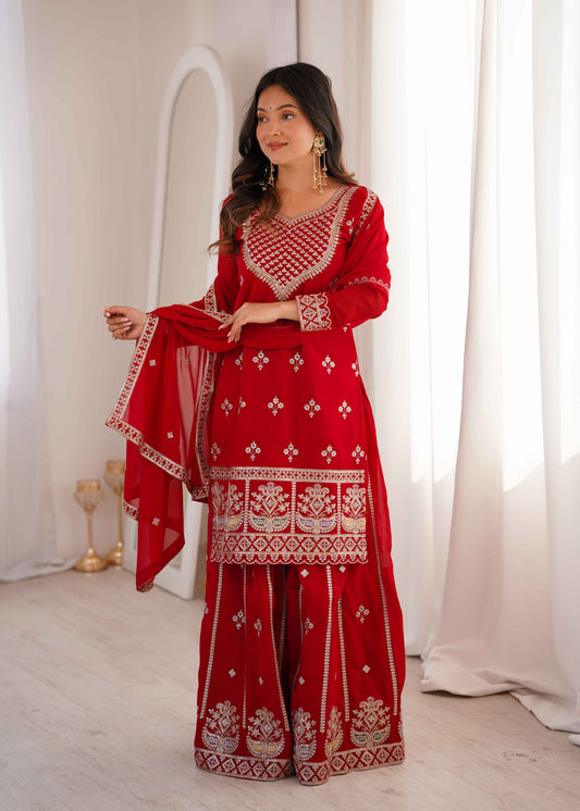 Premium Red Georgette Embroidered Sharara Suit Set with Dupatta