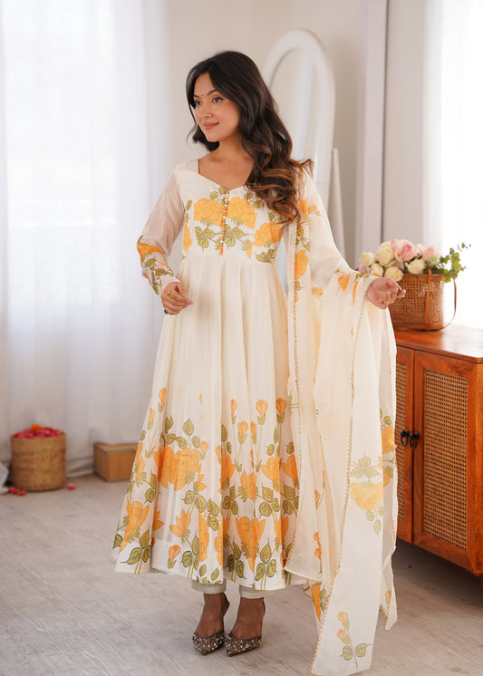 Off-White Floral Anarkali Suit Set with Dupatta