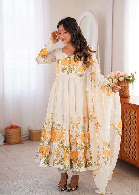 Off-White Floral Anarkali Suit Set with Dupatta